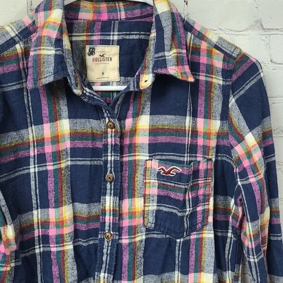 Hollister Blue Plaid Soft Flannel Roll up Long Sleeve Shirt Button Down Medium - Picture 4 of 10